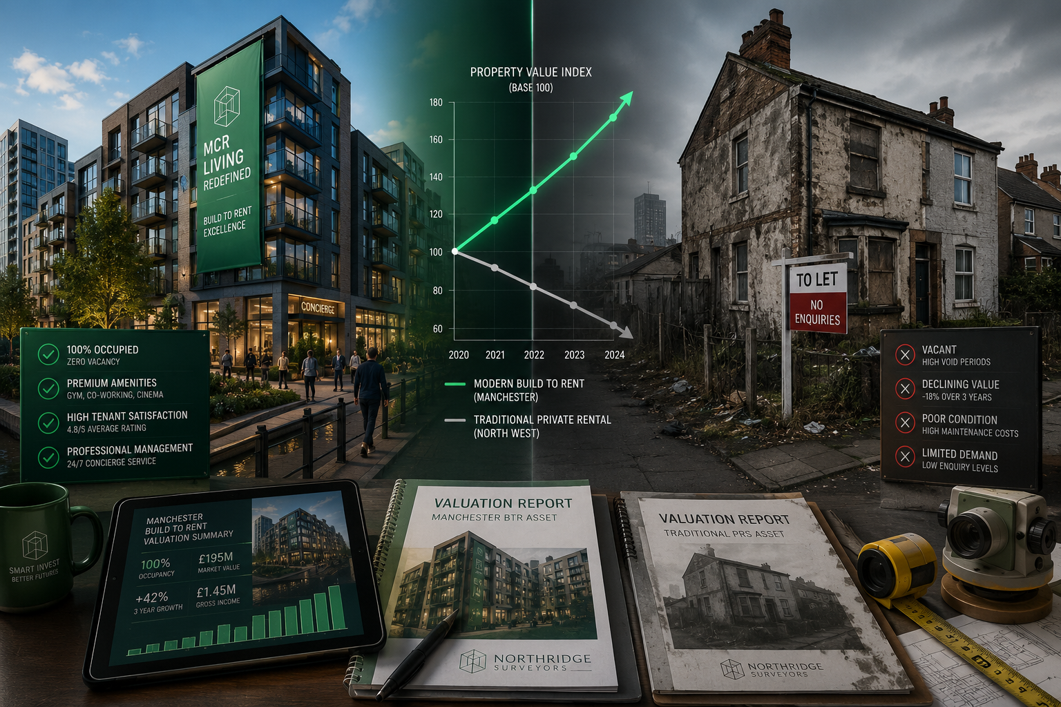 Split-screen editorial landscape image: left panel shows a high-quality modern build-to-rent apartment block in Manchester