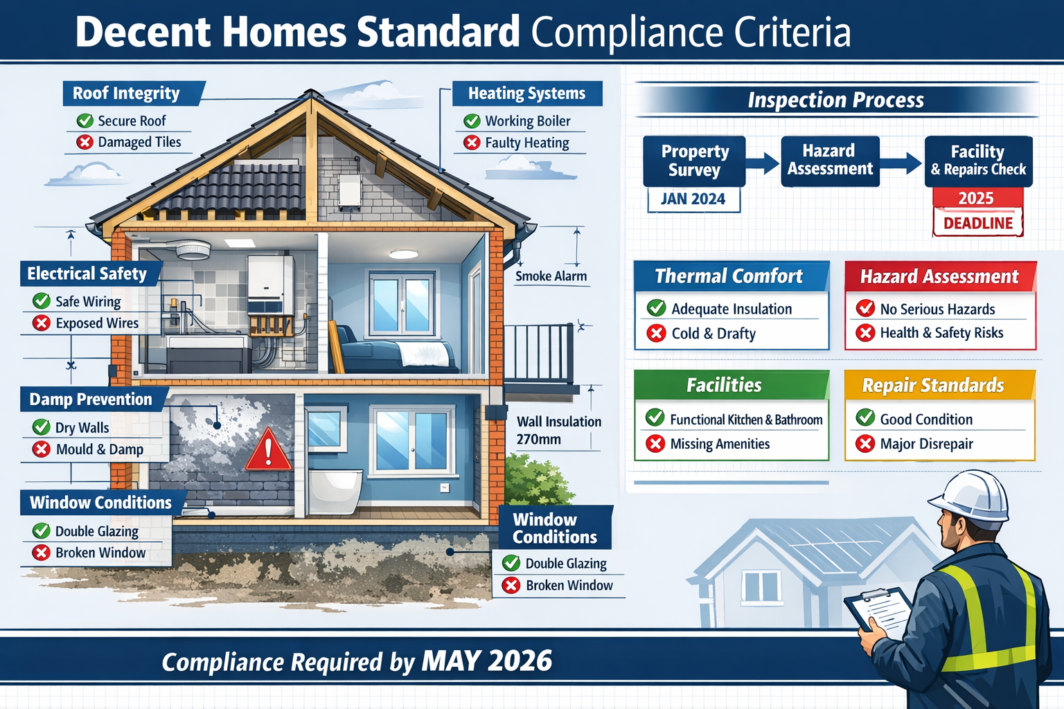 () detailed infographic showing Decent Homes Standard compliance criteria with visual checklist layout. Left side displays