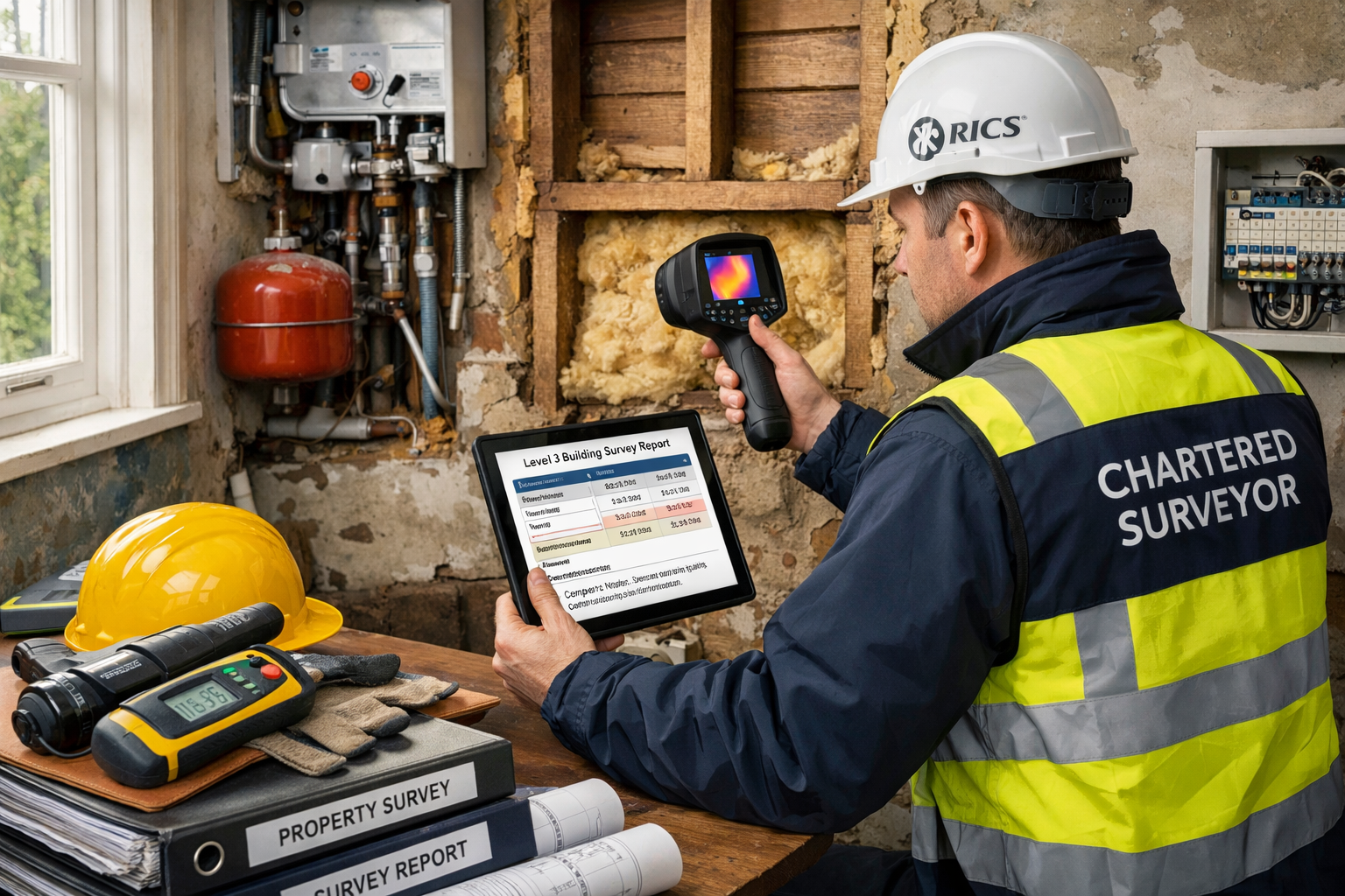 () professional scene showing RICS chartered surveyor conducting comprehensive Level 3 building survey in Victorian-era