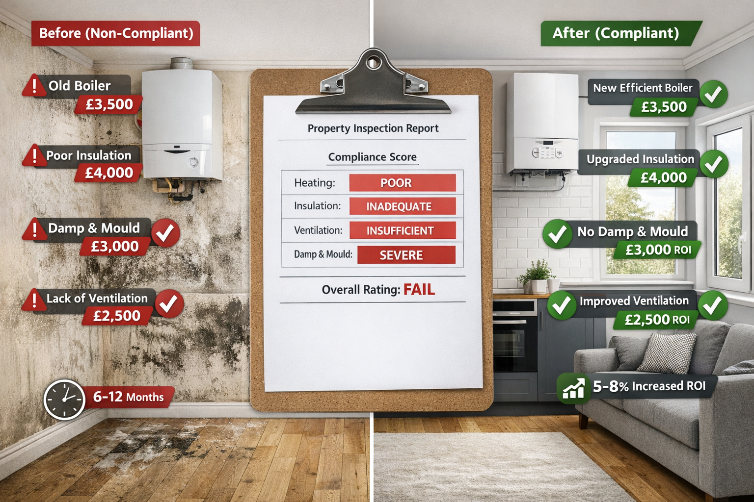() split-screen comparison visualization showing before-and-after landlord compliance scenarios. Left panel displays