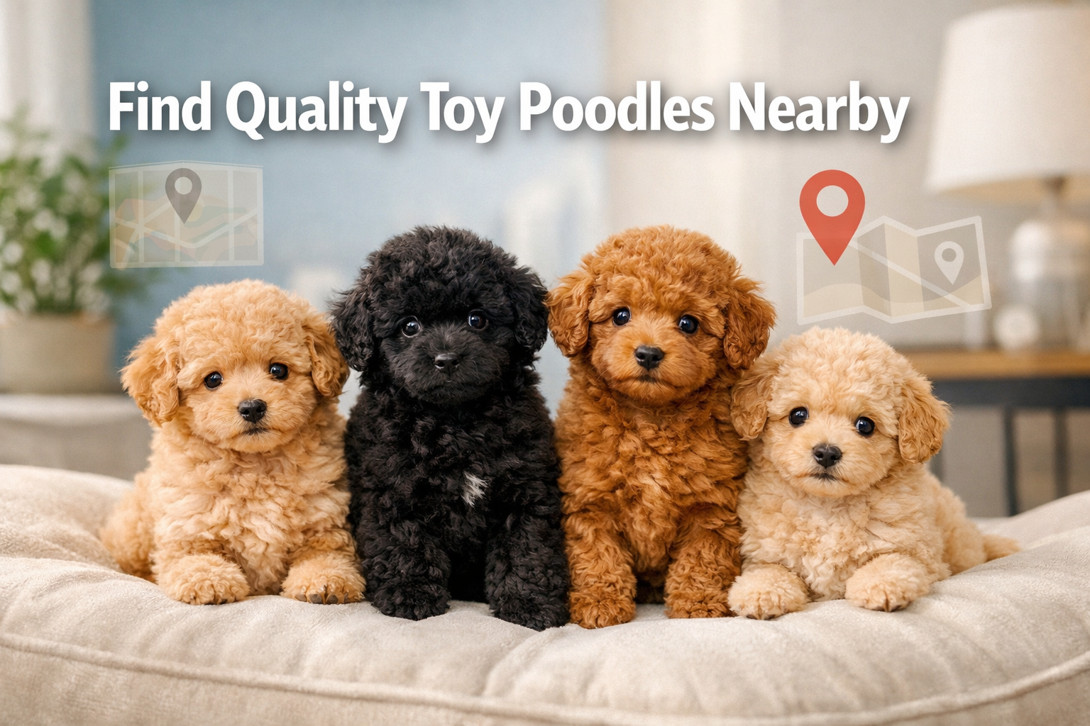 Professional landscape hero image (1536x1024) featuring bold text overlay 'Find Quality Toy Poodles Nearby' in extra large 70pt white sans-s