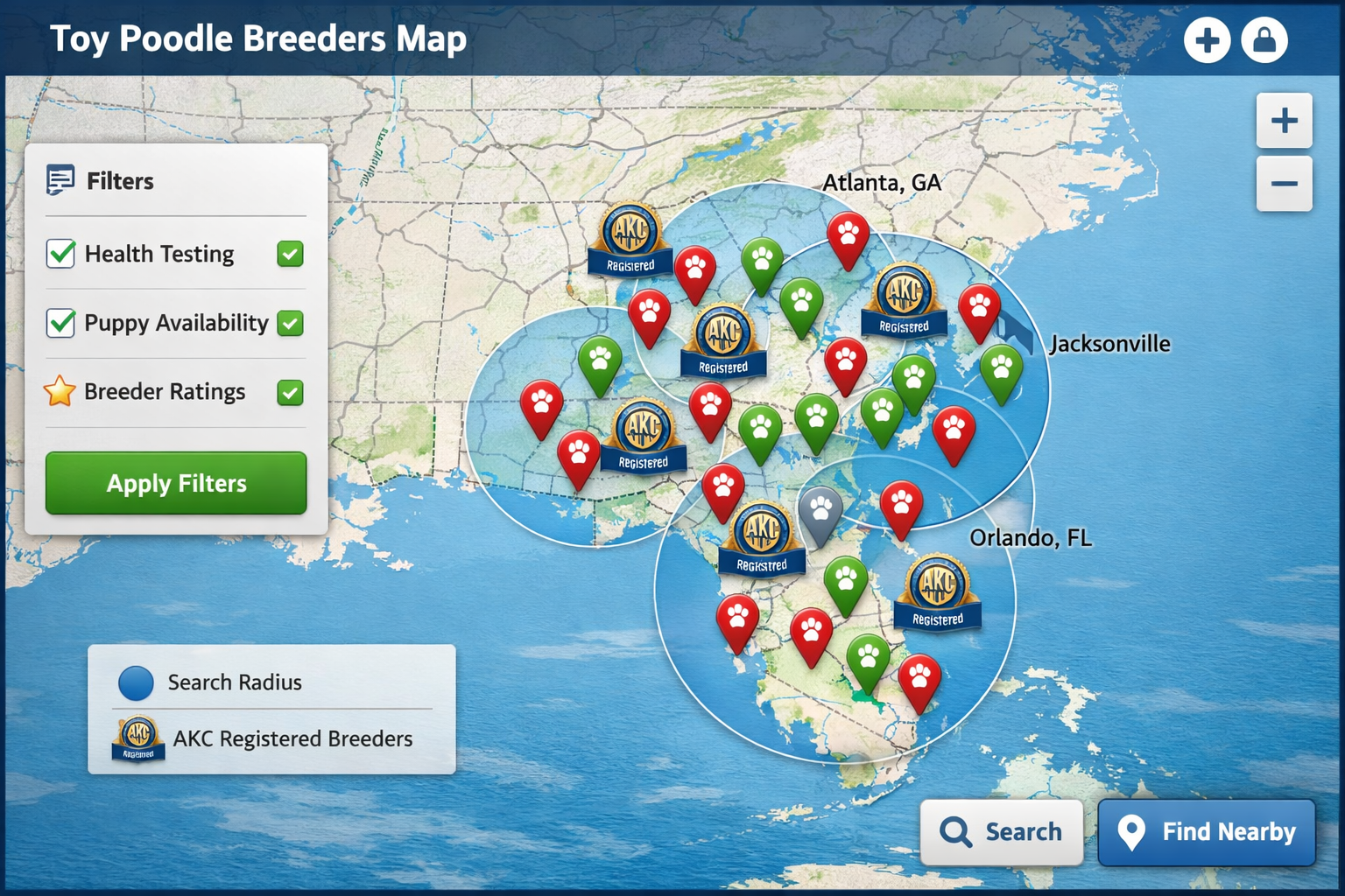 Interactive map visualization showing toy poodle breeder locations across the United States with focus on Georgia and Florida regions. Featu