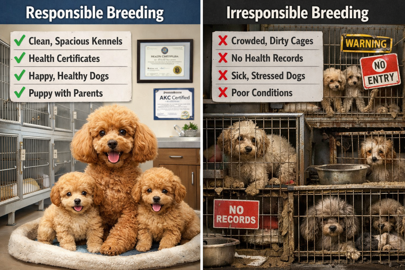 Split-screen comparison showing healthy vs unhealthy toy poodle breeding practices. Left side displays clean, spacious kennels, health certi