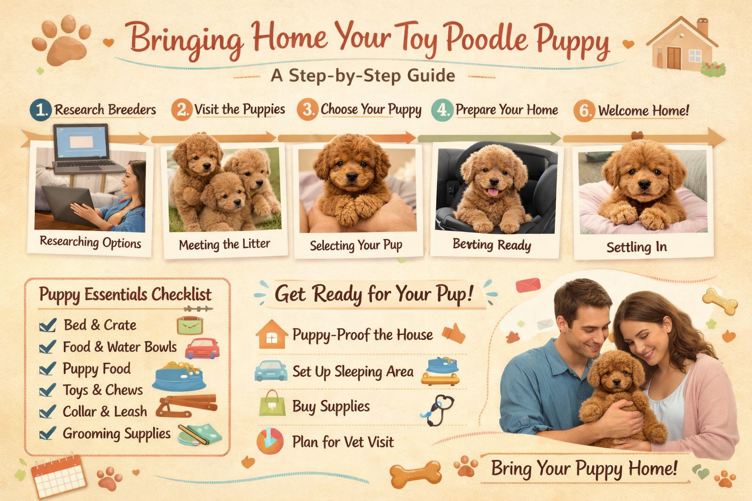 Step-by-step visual guide showing toy poodle puppy selection process from initial research to bringing puppy home. Features timeline with nu