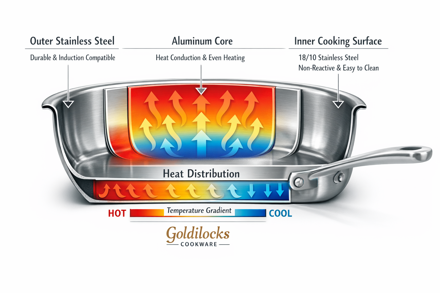Detailed editorial image showing tri-ply stainless steel construction cross-section with labeled layers: outer stainless steel, aluminum cor