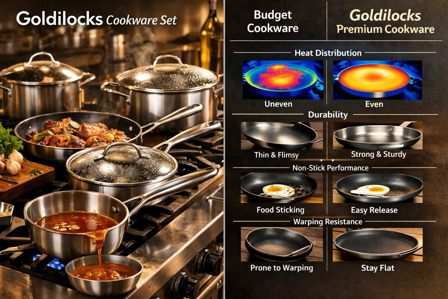 Professional kitchen scene showing Goldilocks Cookware Set in action with multiple pans on stovetop, riveted handles visible, domed lids ref
