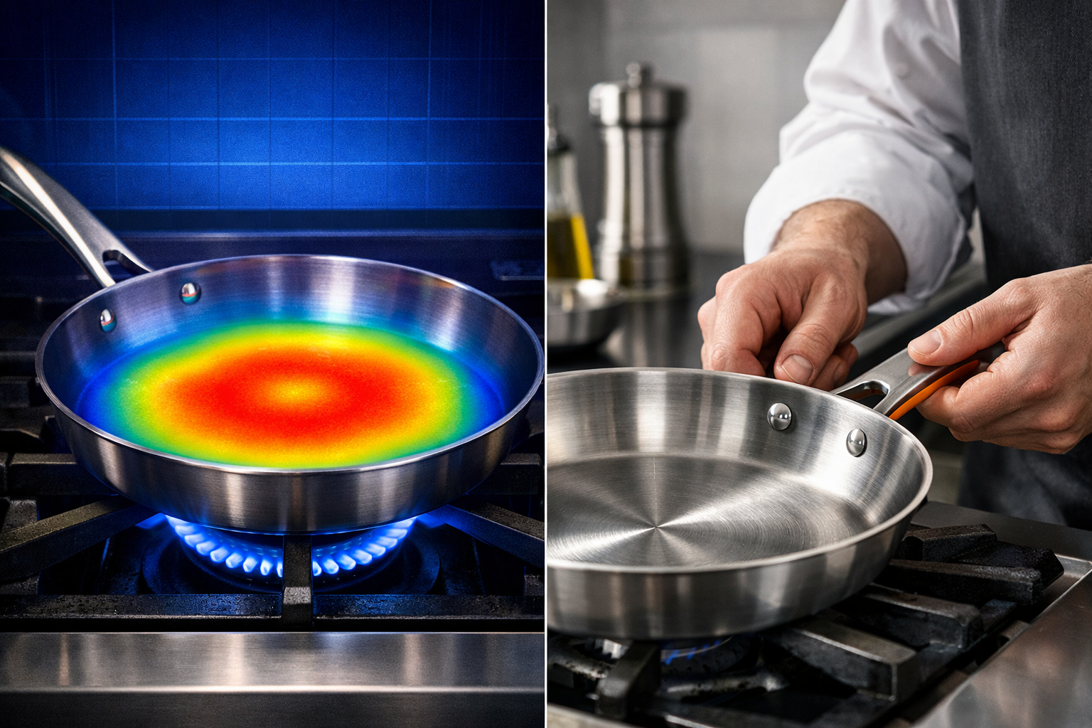 Professional kitchen scene showcasing Goldilocks Cookware Set's performance features, with split-screen visual demonstrating heat distributi