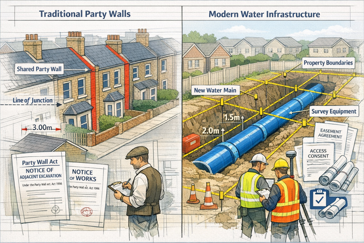 Detailed landscape format (1536x1024) illustration showing split-screen comparison of traditional party wall scenarios versus modern water i