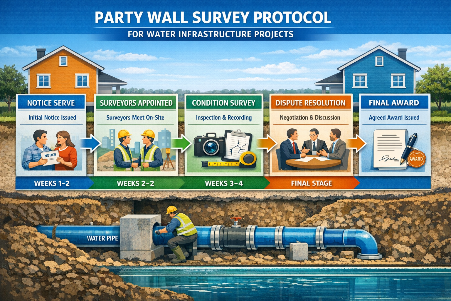 Professional landscape format (1536x1024) infographic-style illustration depicting the complete party wall survey protocol workflow for wate
