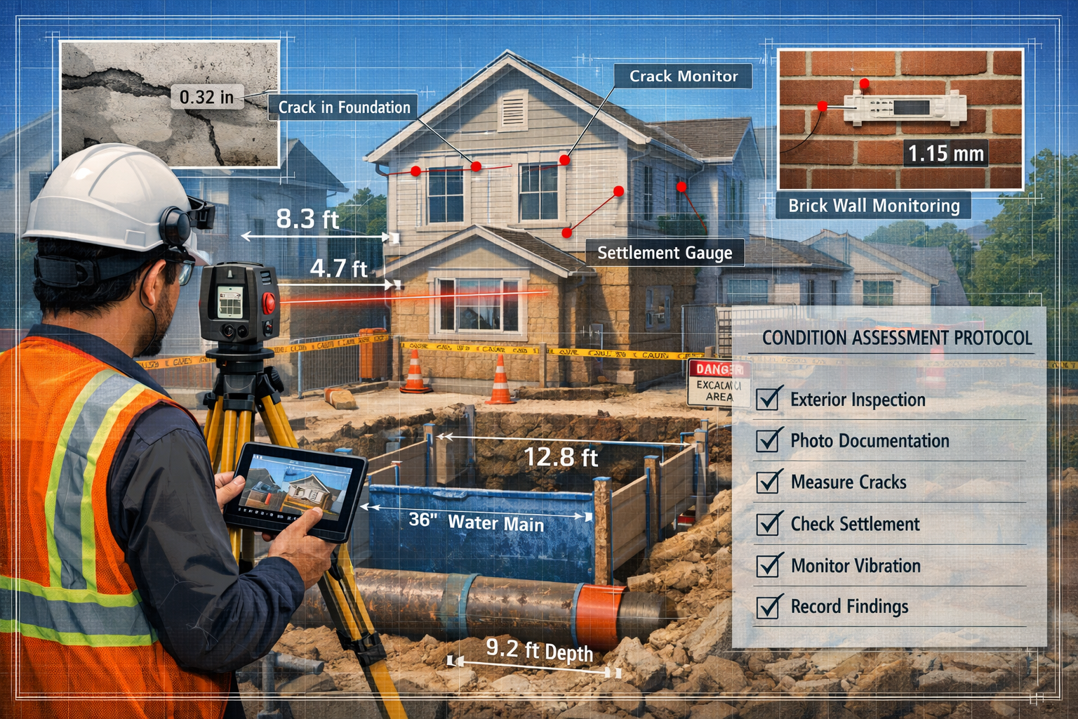 Detailed landscape format (1536x1024) technical illustration showing surveyor conducting pre-construction condition assessment at property b