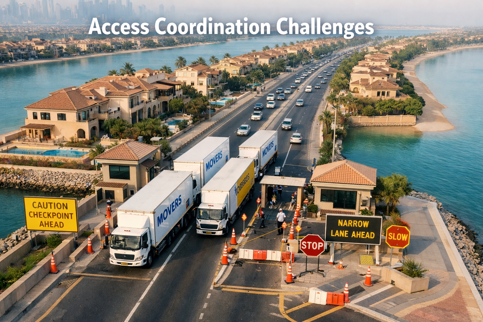 Landscape format (1536x1024) image showing Palm Jumeirah's unique trunk access road with professional moving trucks navigating the narrow en