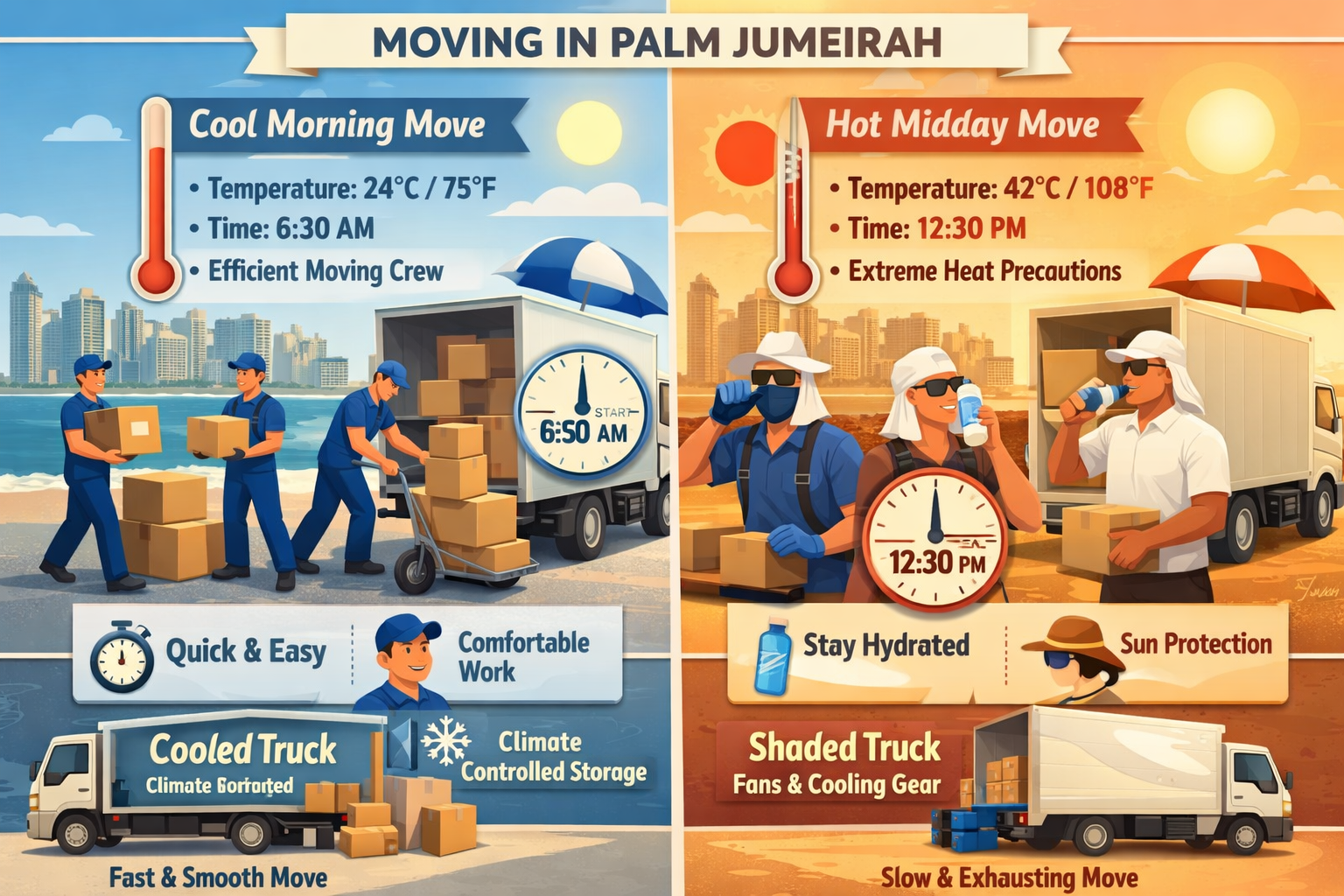 Split-screen comparison showing summer vs winter moving conditions in Palm Jumeirah, left side depicting early morning move in cooler weathe