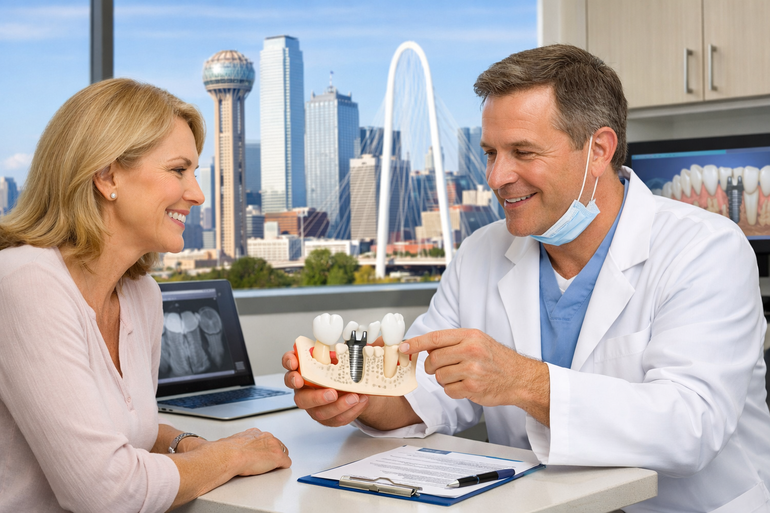 An inviting and warm () image of a patient having a reassuring, informative consultation with a dentist in a modern Dallas