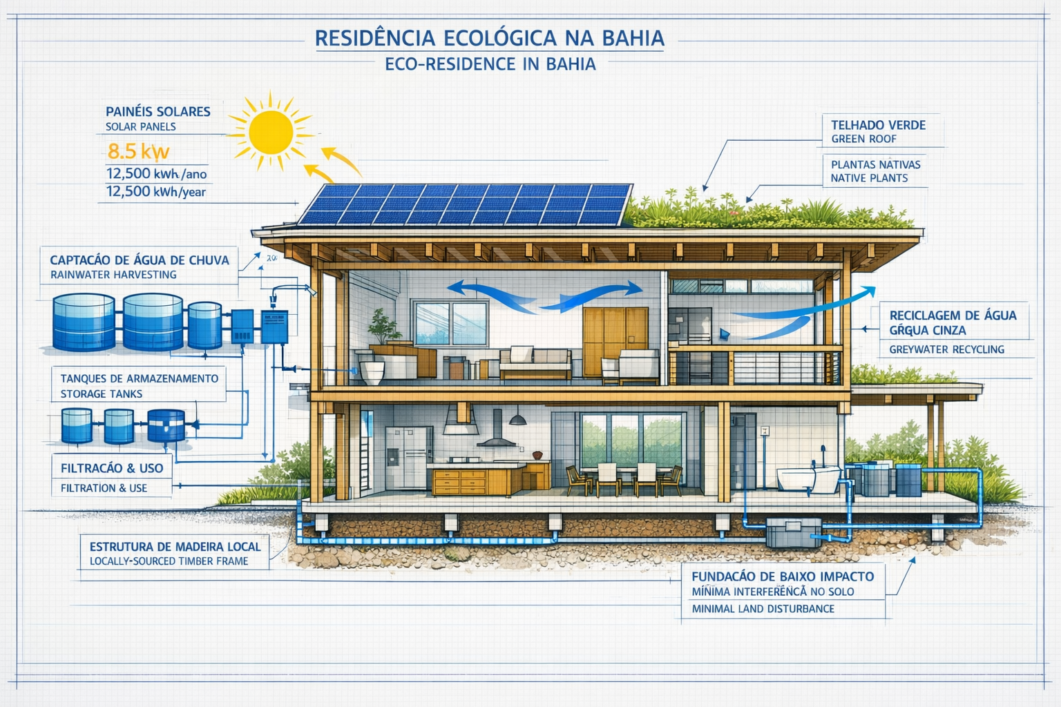 Detailed () image showing cross-section architectural rendering of modern eco-residence in Bahia with labeled sustainable