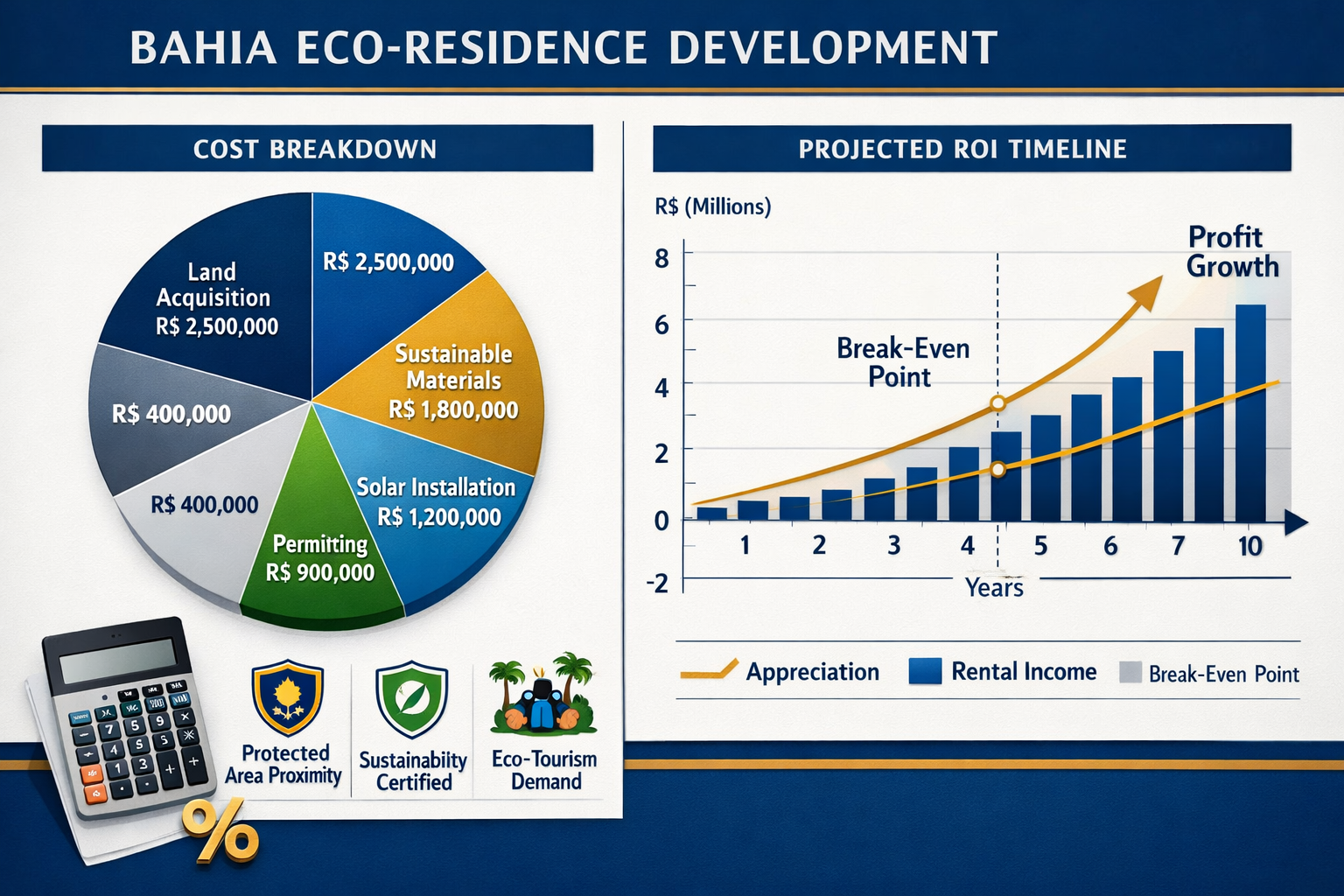 Detailed () infographic-style image showing financial analysis dashboard for Bahia eco-residence development: split-screen