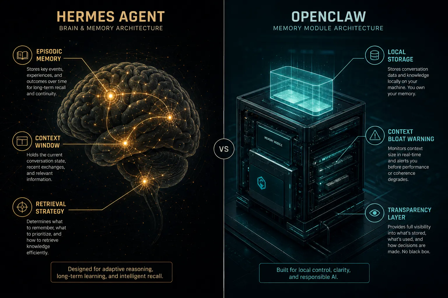 Split-screen editorial image for memory and context comparison: left half shows an illustrated Hermes agent brain diagram with labeled nodes 'Episodic Memory', 'Context Window', 'Retrieval Strategy' connected by glowing lines on a dark background; right half shows an OpenClaw memory module diagram with labels 'Local Storage', 'Context Bloat Warning', 'Transparency Layer' on a teal-lit background. High-contrast magazine composition, annotated documentary style, callout lines to each labeled component, no pricing, no checkmark grids, landscape format 1536x1024. Memory and Context: Where Hermes Agent and OpenClaw Diverge Most