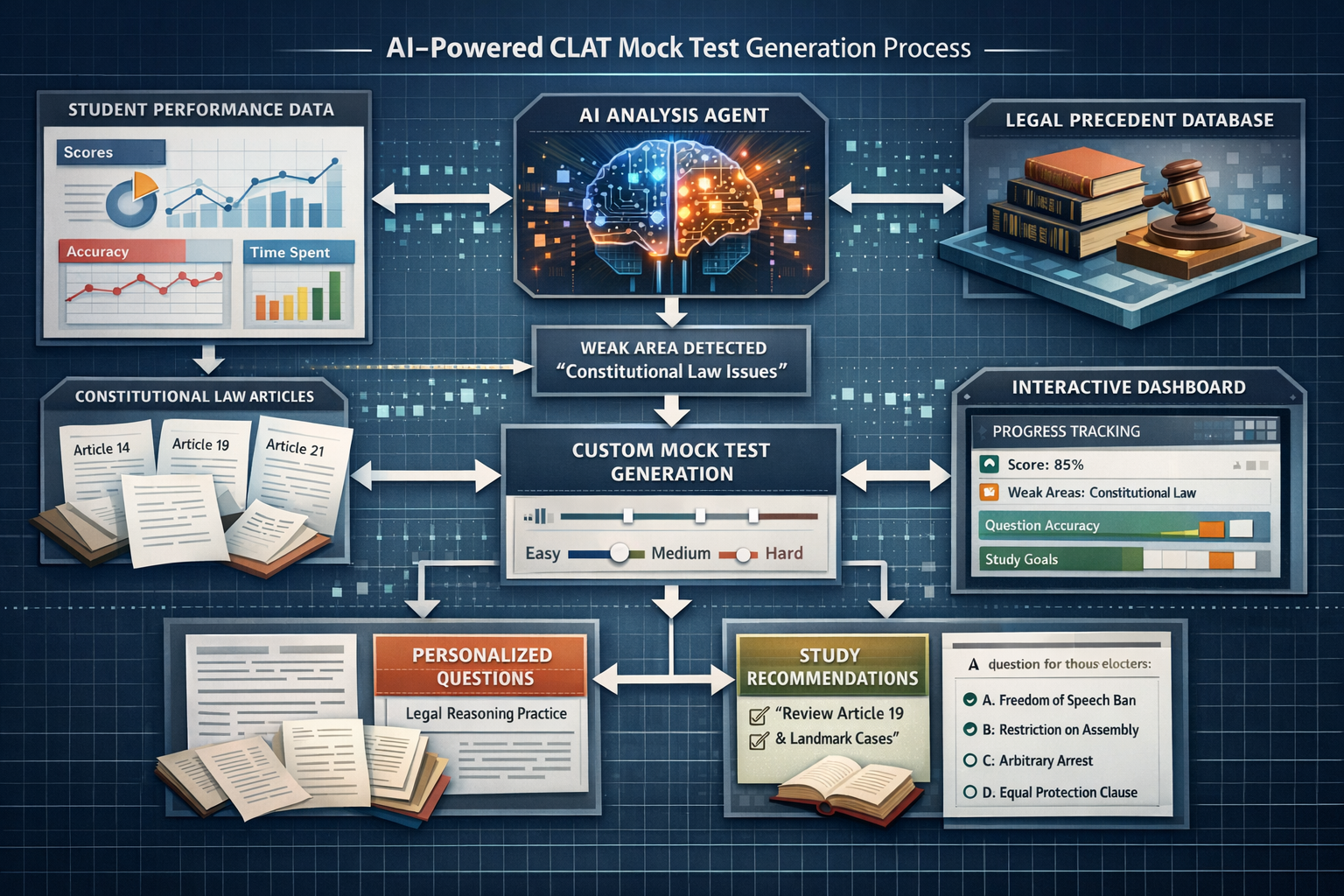 Detailed () visualization of AI-powered CLAT mock test generation process. Central flowchart showing how agentic AI analyzes