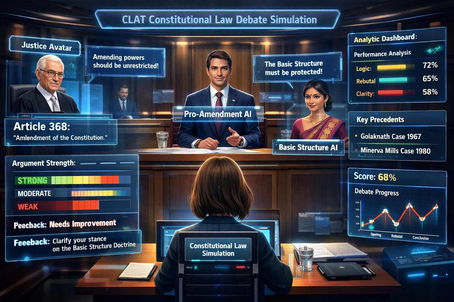 () image depicting AI-simulated constitutional law debate scenario for CLAT preparation. Virtual courtroom setting with AI