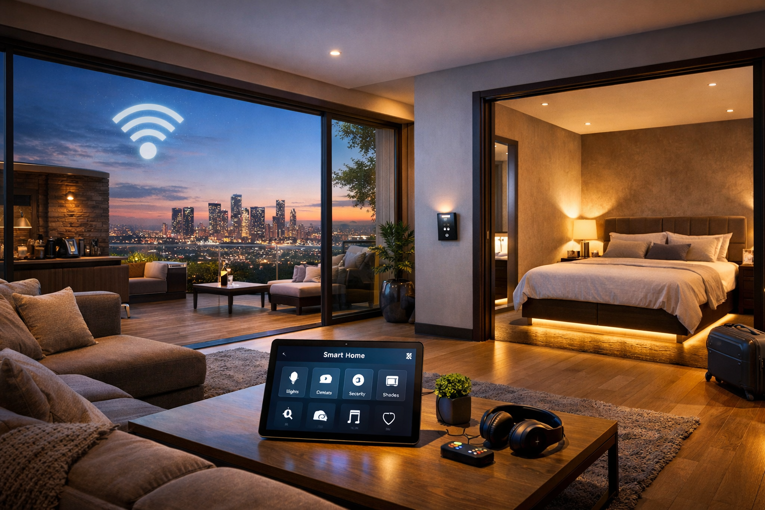 Detailed () image illustrating a luxurious, fully automated Airbnb apartment. The scene depicts a spacious living area with
