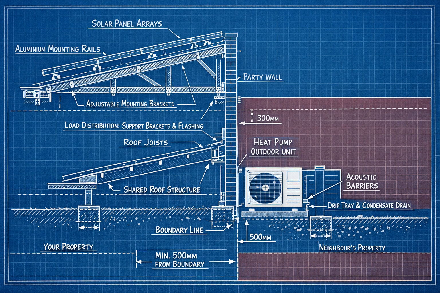 Detailed landscape format (1536x1024) architectural cross-section diagram showing solar panel mounting on shared roof structure and air sour