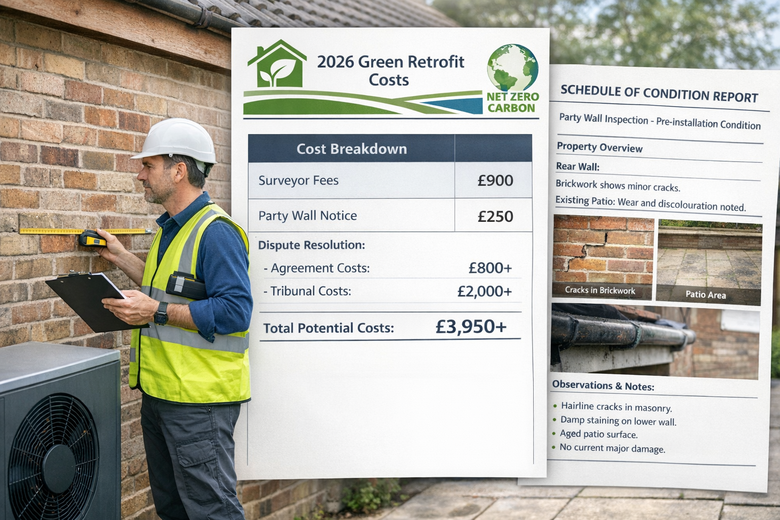Detailed landscape format (1536x1024) composite image showing surveyor conducting party wall inspection for renewable energy installation. L