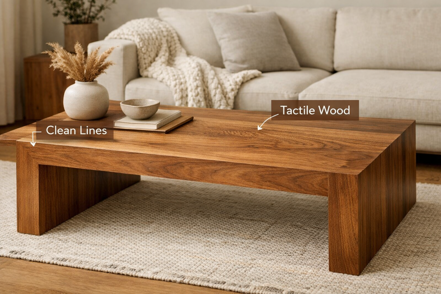 A beautifully composed landscape image (1536x1024) illustrating the core principles of Warm Minimalism in Woodworking: Balancing Clean Lines