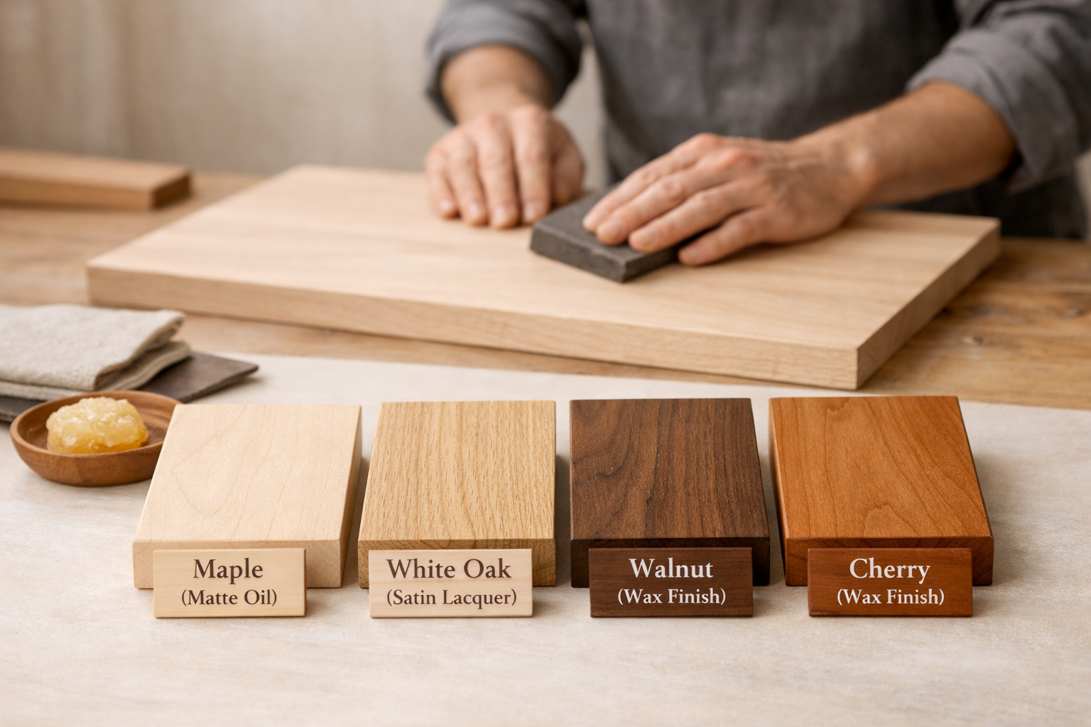 An inspiring landscape image (1536x1024) showcasing various wood types and finishing techniques crucial for Warm Minimalism in Woodworking: 