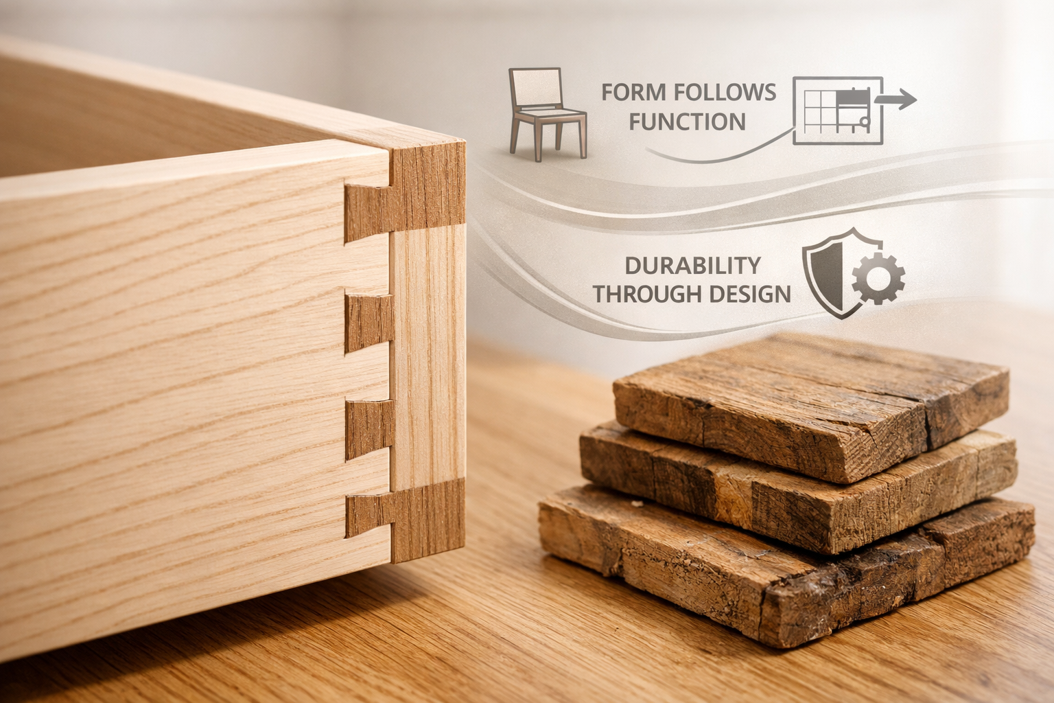 A conceptual landscape image (1536x1024) demonstrating the synergy of design, joinery, and sustainability in Warm Minimalism in Woodworking: