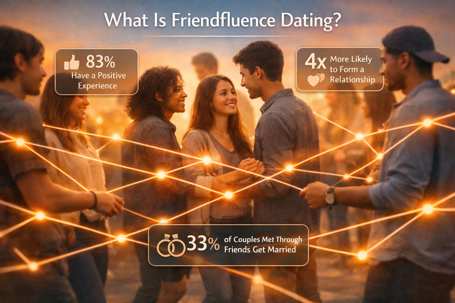 Friendfluence Dating: How Your Circle Shapes Authentic Connections 2 Section 1: What Is Friendfluence Dating? - Editorial-style photographic illustration depicting a diverse group of young adults creating a hu