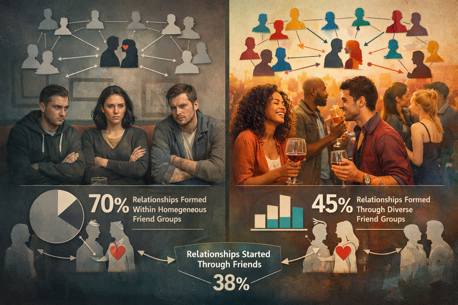 Friendfluence Dating: How Your Circle Shapes Authentic Connections 3 Section 2: How Your Circle Shapes Who You Date - Sophisticated split-screen visual narrative showing two contrasting social environments: le