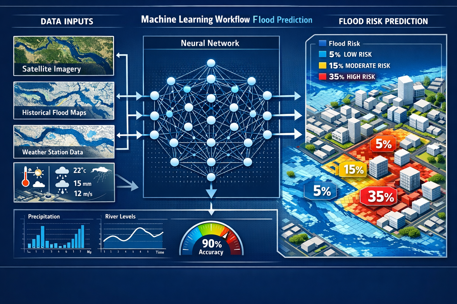 Landscape format (1536x1024) detailed infographic showing machine learning workflow for flood prediction. Central flowchart displays data in