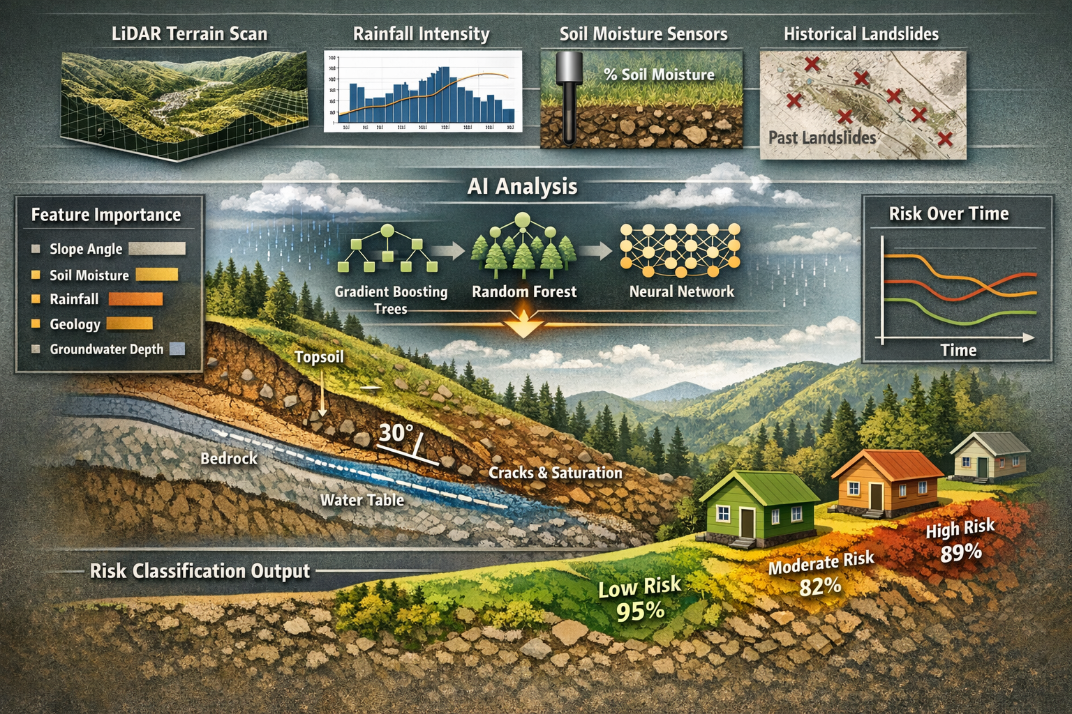 Landscape format (1536x1024) technical illustration demonstrating landslide risk assessment using AI algorithms. Main visual shows cross-sec