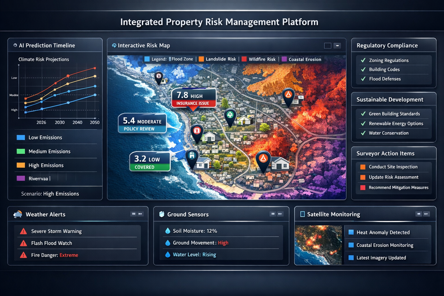 Landscape format (1536x1024) comprehensive dashboard visualization showing integrated property risk management platform. Main screen display