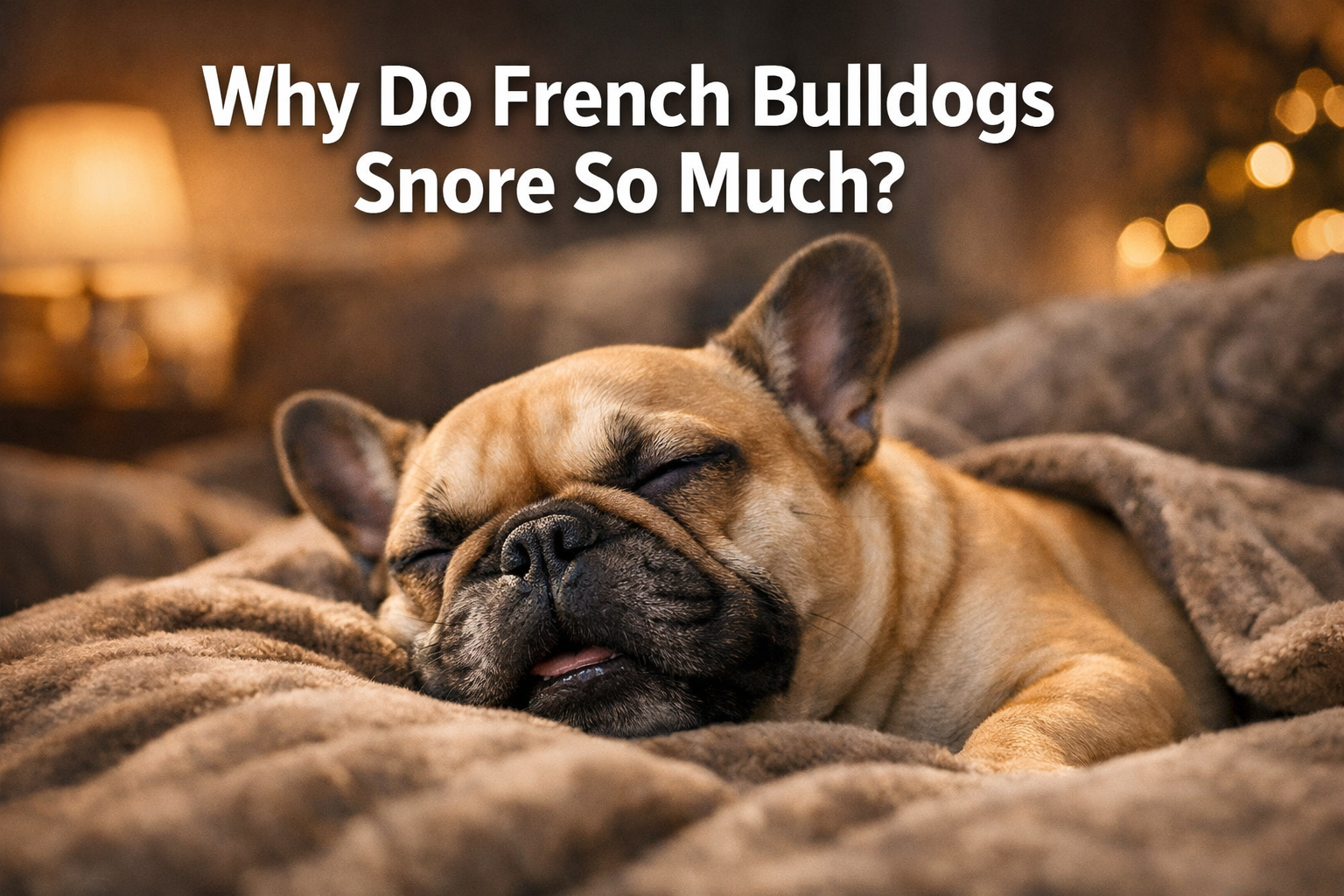 Professional landscape format (1536x1024) hero image with bold text overlay: 'Why Do French Bulldogs Snore So Much?', modern sans-serif 70pt
