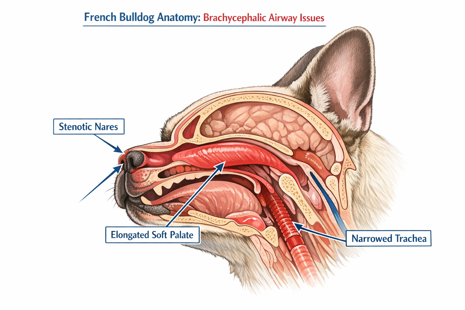 Detailed landscape format (1536x1024) medical illustration showing French Bulldog head cross-section with anatomical features highlighted - 