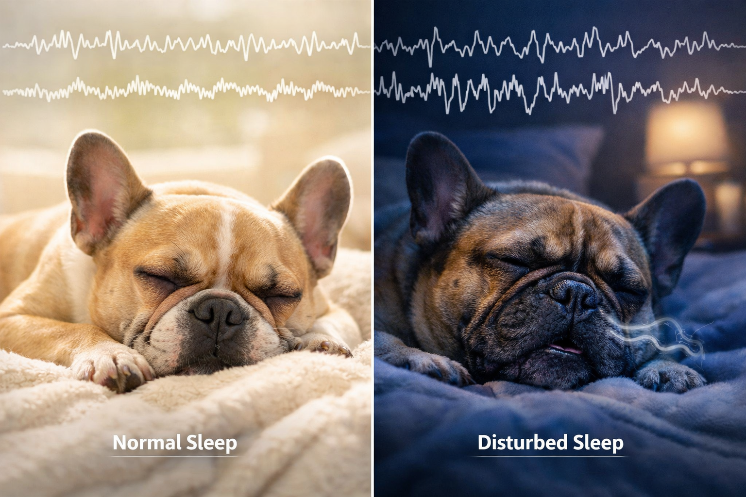 Professional landscape format (1536x1024) split-screen composition showing French Bulldog during day vs night sleep patterns, left side show