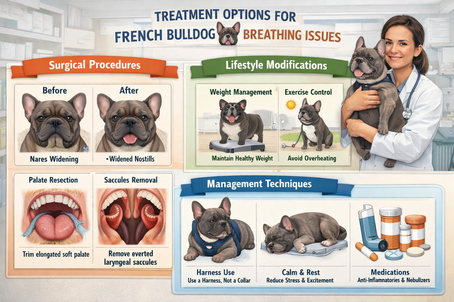 Landscape format (1536x1024) infographic-style image showing treatment options for French Bulldog breathing issues, veterinary clinic settin