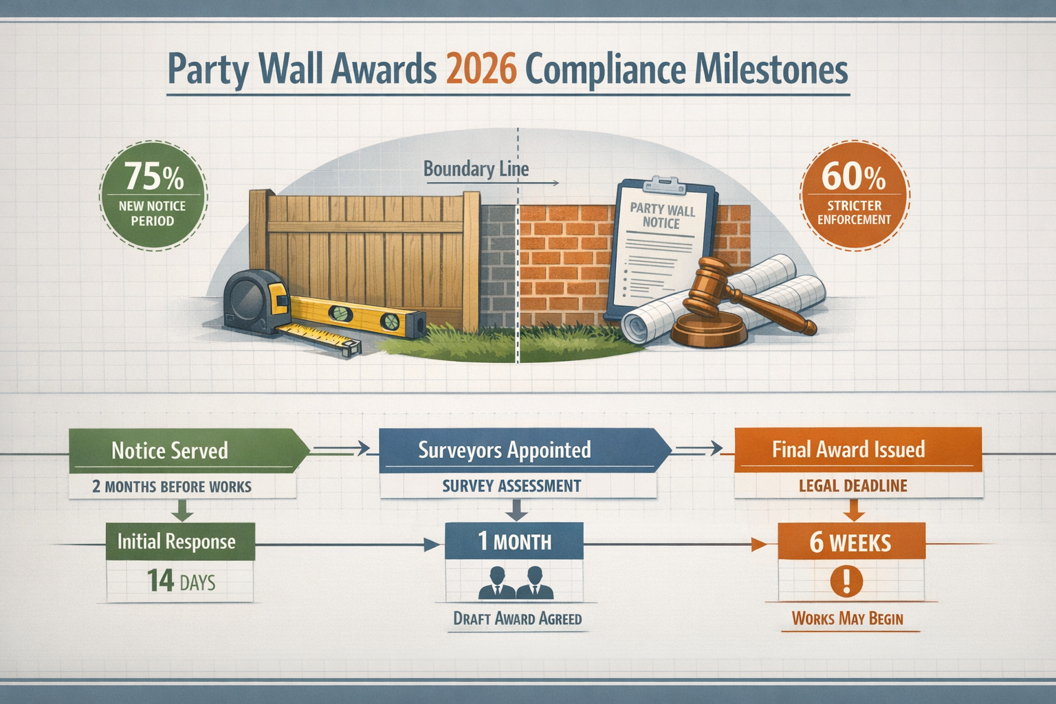 Professional editorial infographic visualizing key compliance milestones for Party Wall Awards in 2026, featuring a