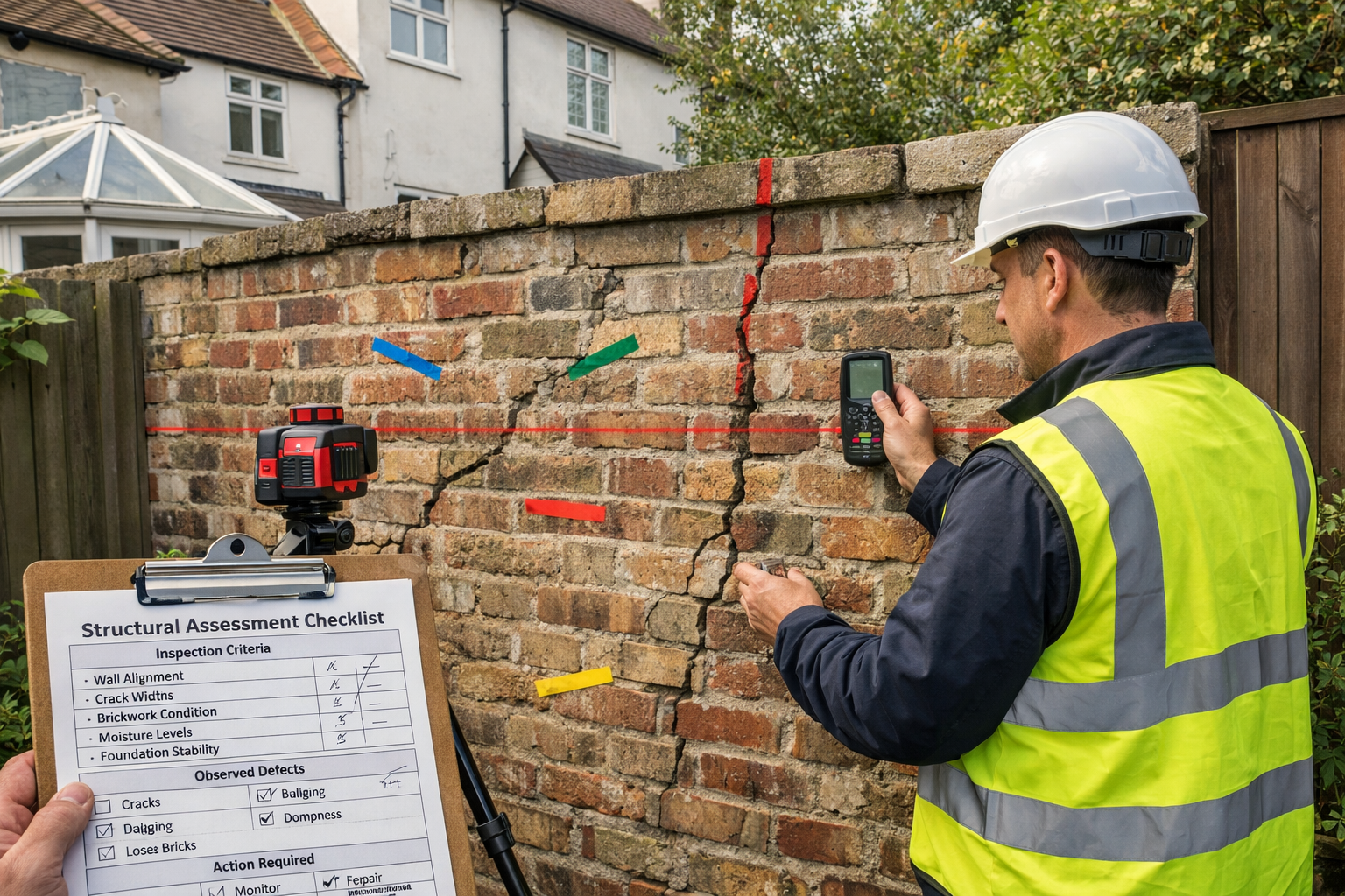 () professional surveyor conducting stability assessment at garden boundary wall, wearing hi-vis vest, using laser level and