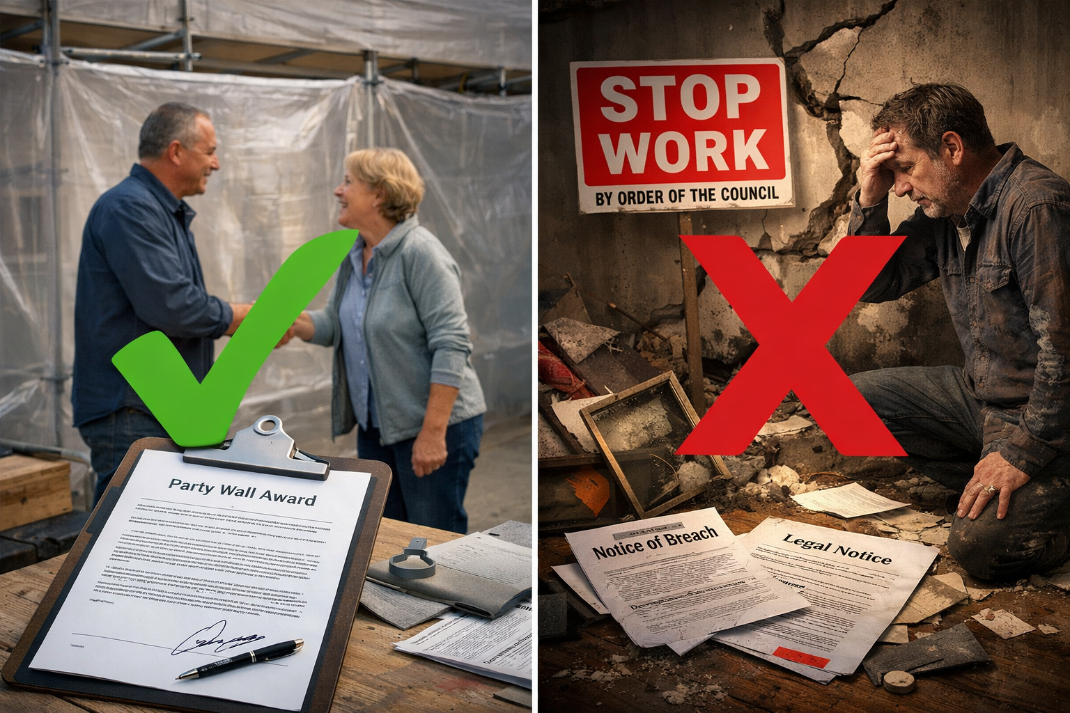 () split-screen composition showing contrast between compliant and non-compliant Party Wall Award scenarios: left side