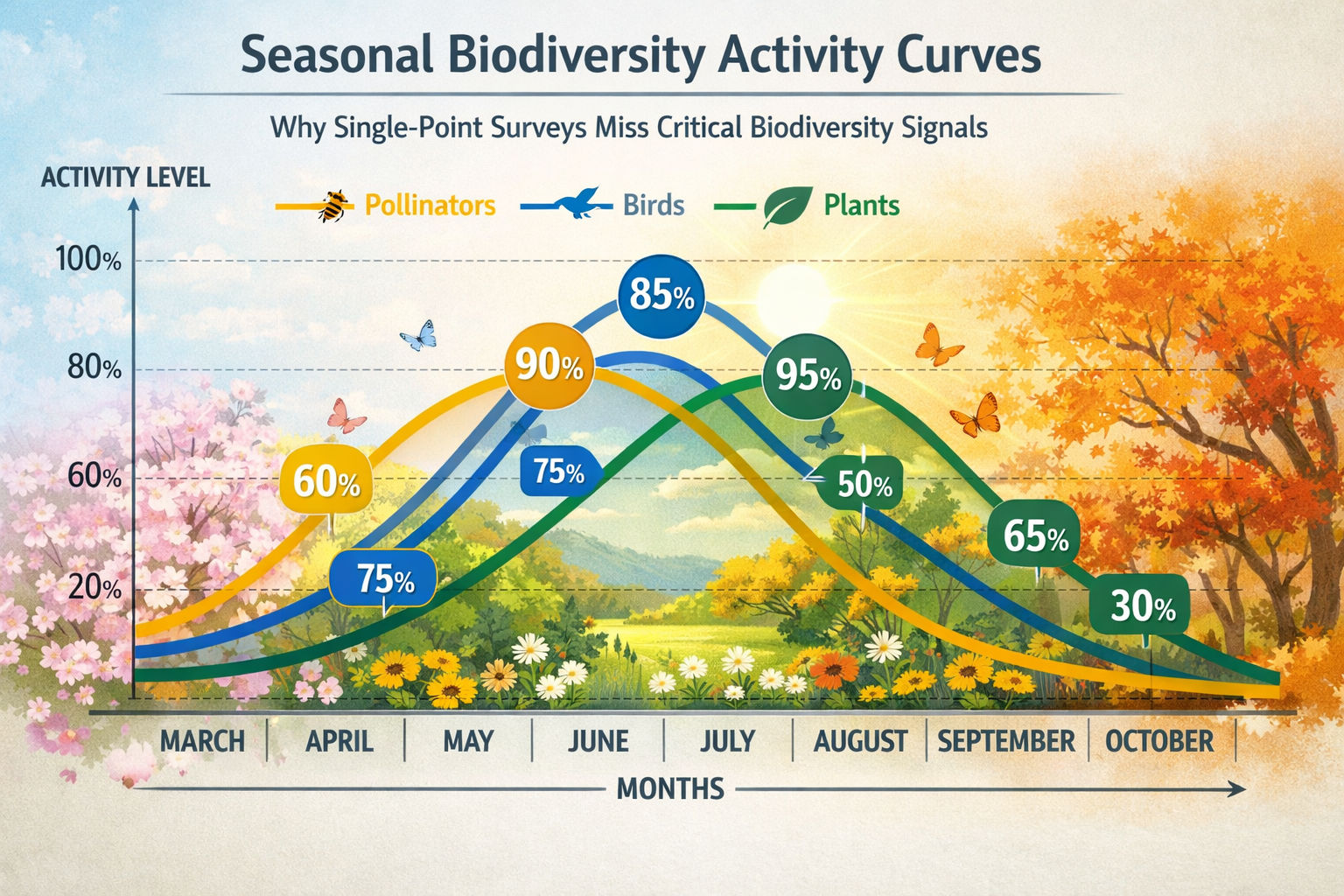 Detailed () illustration showing seasonal biodiversity activity curves across spring-to-fall timeline. Visual displays three