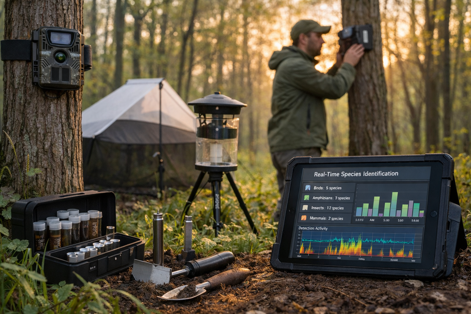 Detailed () photograph showing modern biodiversity monitoring equipment in active field deployment. Scene captures ecologist