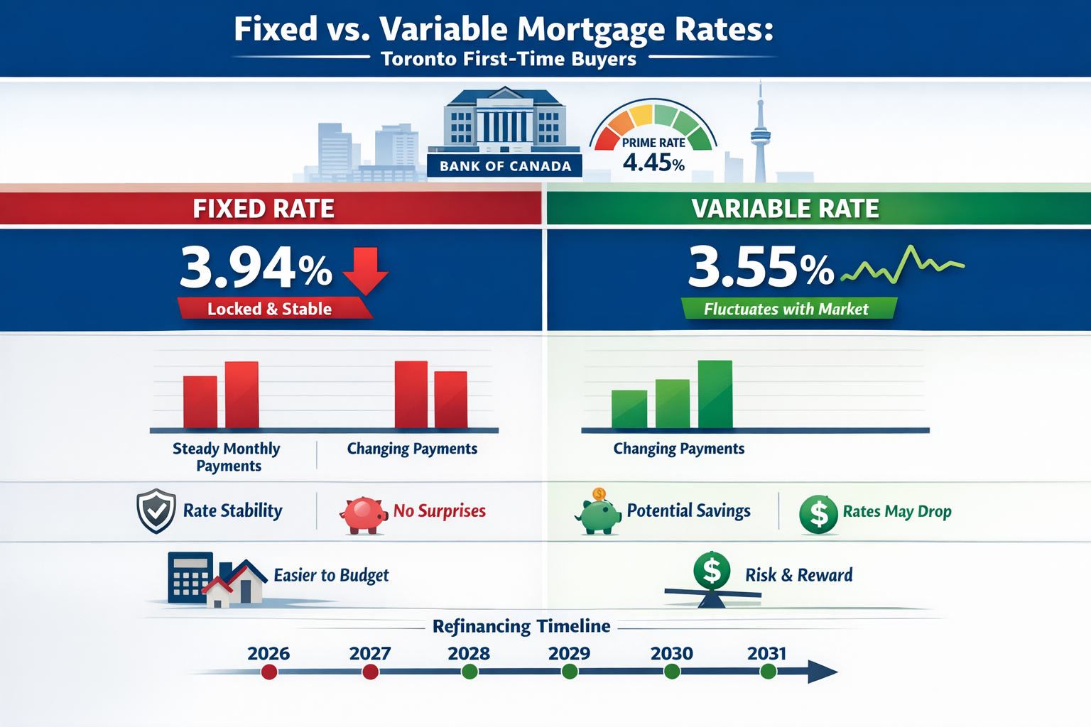 Landscape format (1536x1024) detailed infographic showing side-by-side comparison chart of fixed versus variable mortgage rates for Toronto