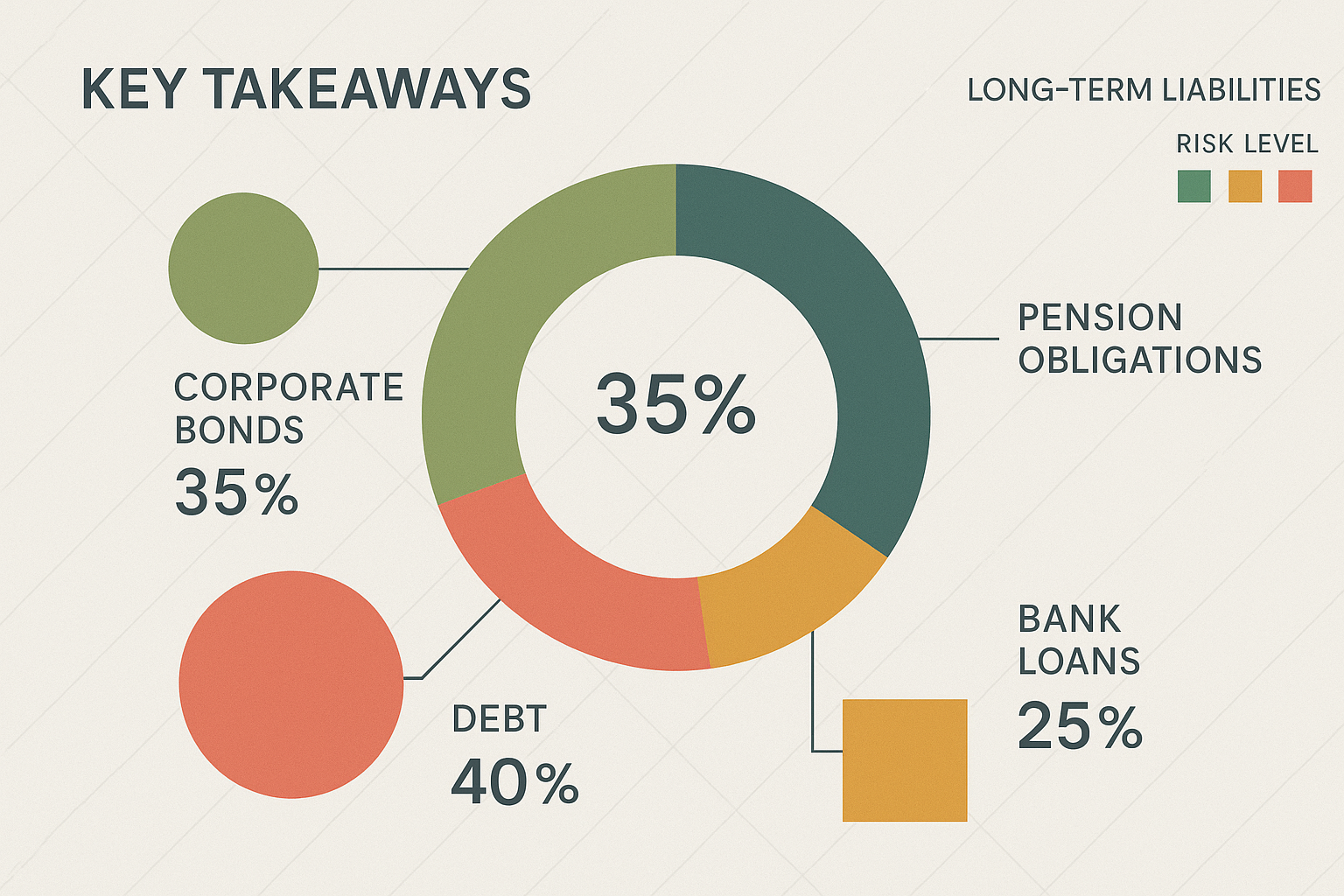 Key Takeaways section infographic visualizing long-term liabilities landscape: Multi-layered abstract financial diagram with interconnected 