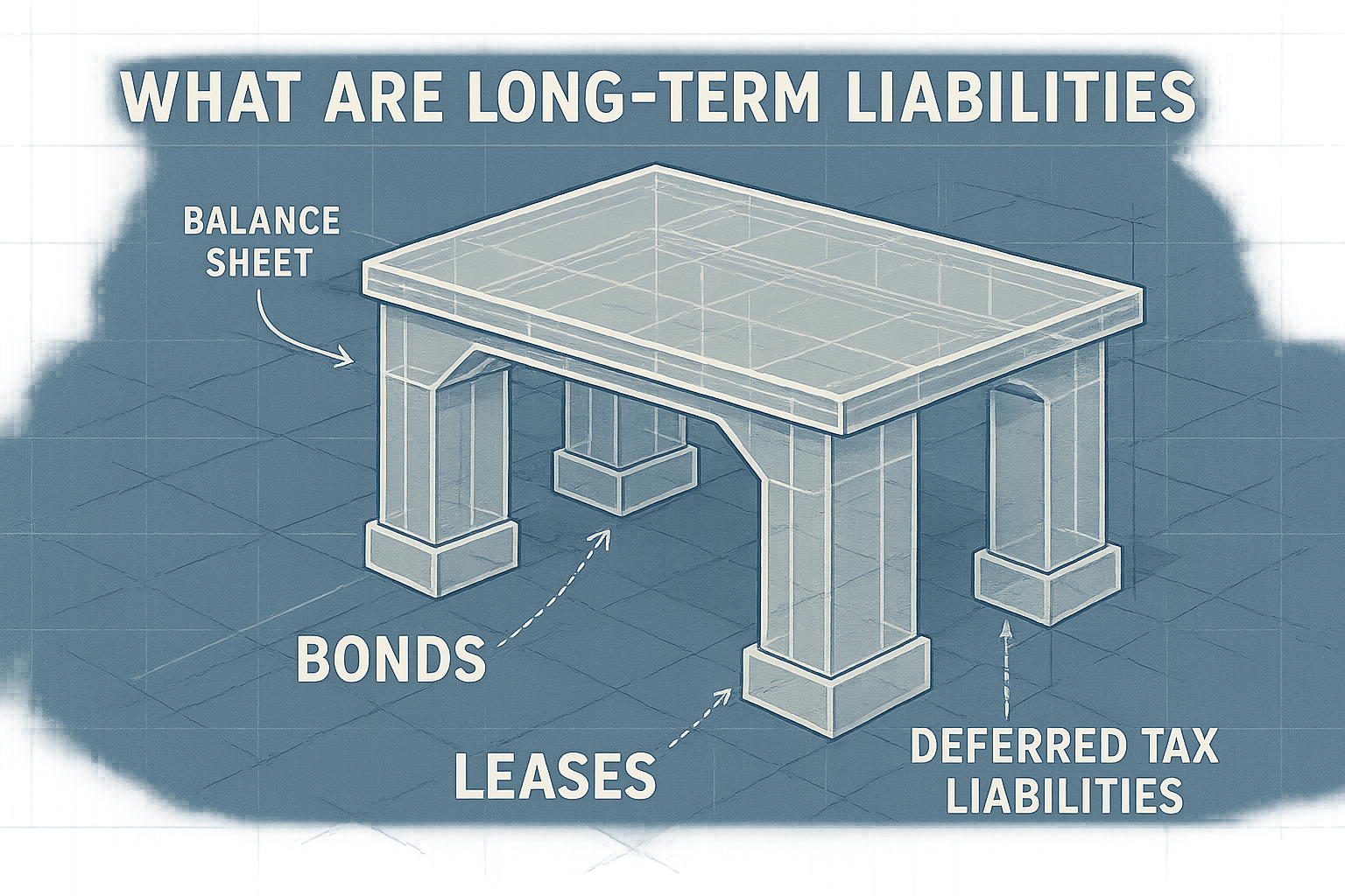 What Are Long-Term Liabilities definition graphic: Architectural blueprint-style illustration showing financial infrastructure, transparent 