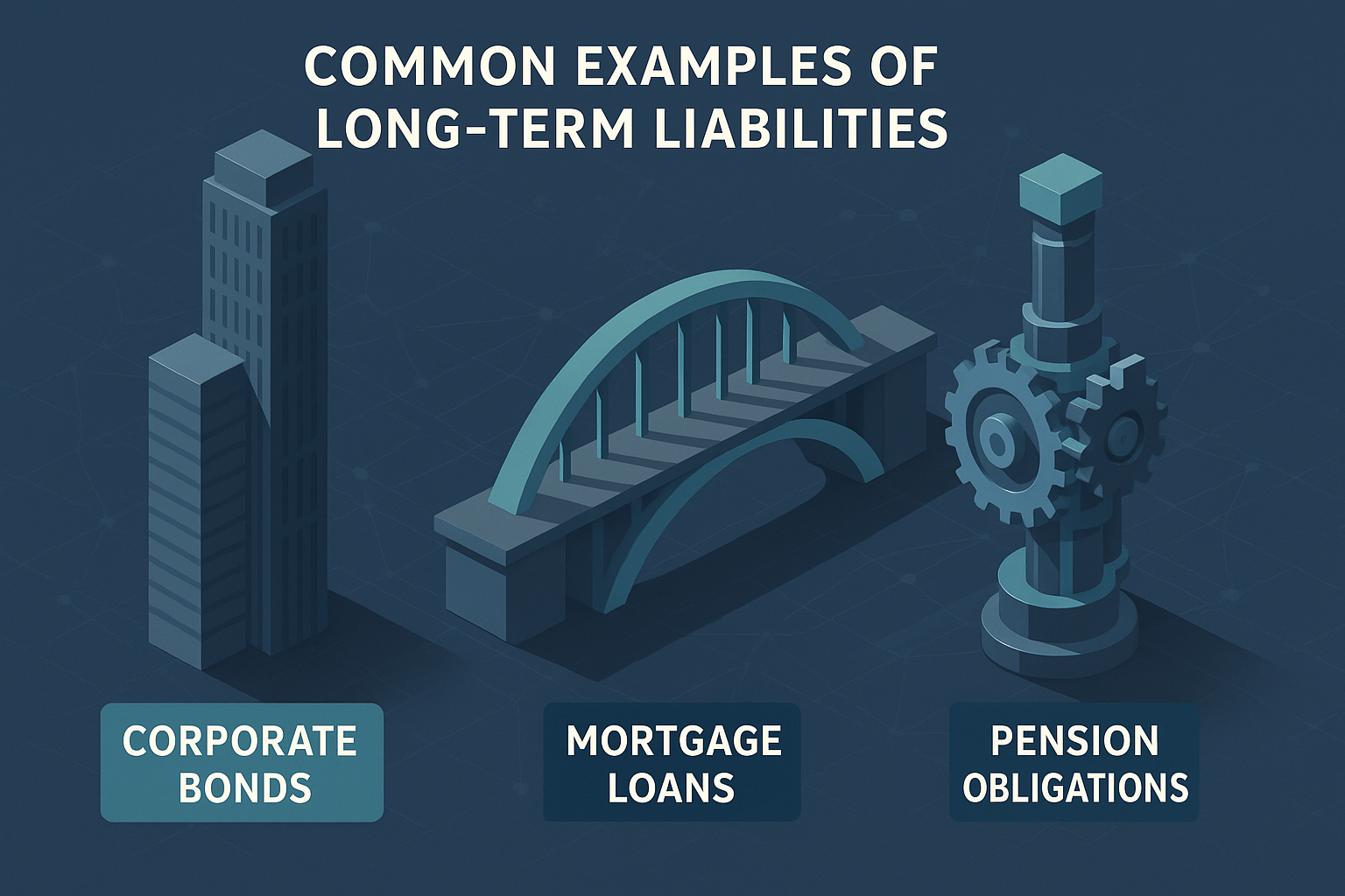 Common Examples of Long-Term Liabilities visualization: Infographic with stylized 3D financial landscape, multiple towering structures repre