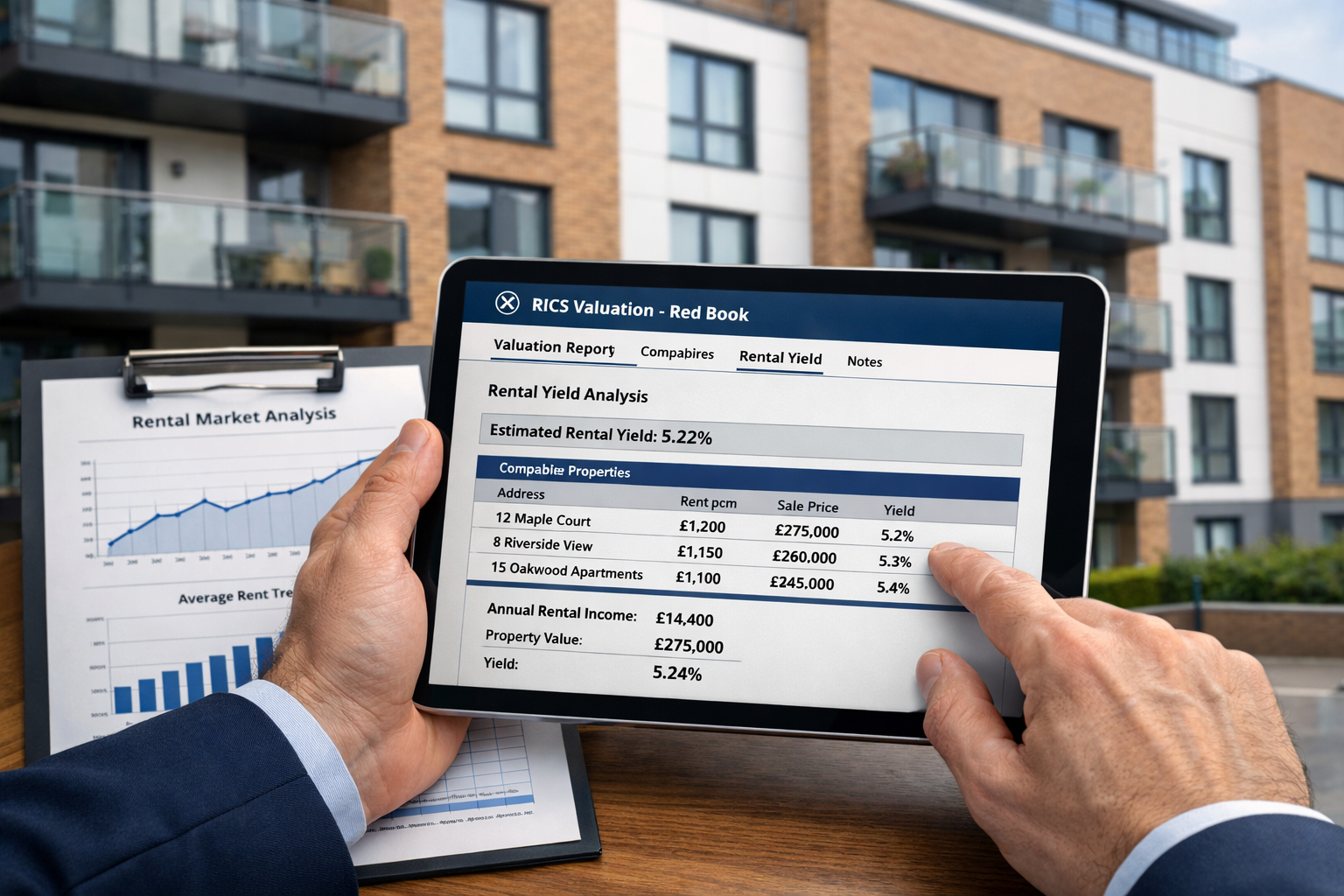 Detailed () image showing professional chartered surveyor conducting rental property valuation, close-up of hands holding