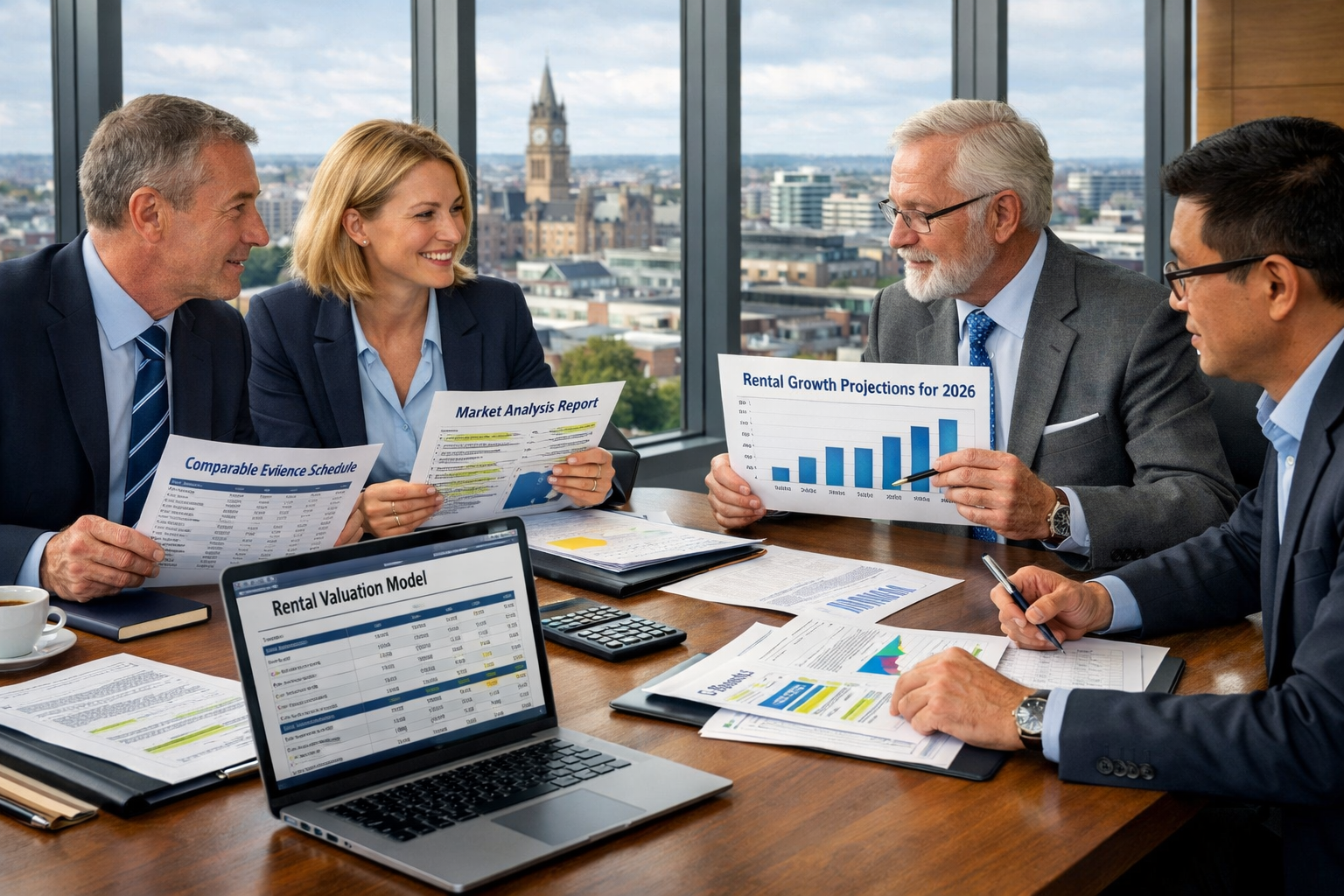 Detailed () image of professional meeting scene with RICS chartered surveyors reviewing rental valuation documents spread