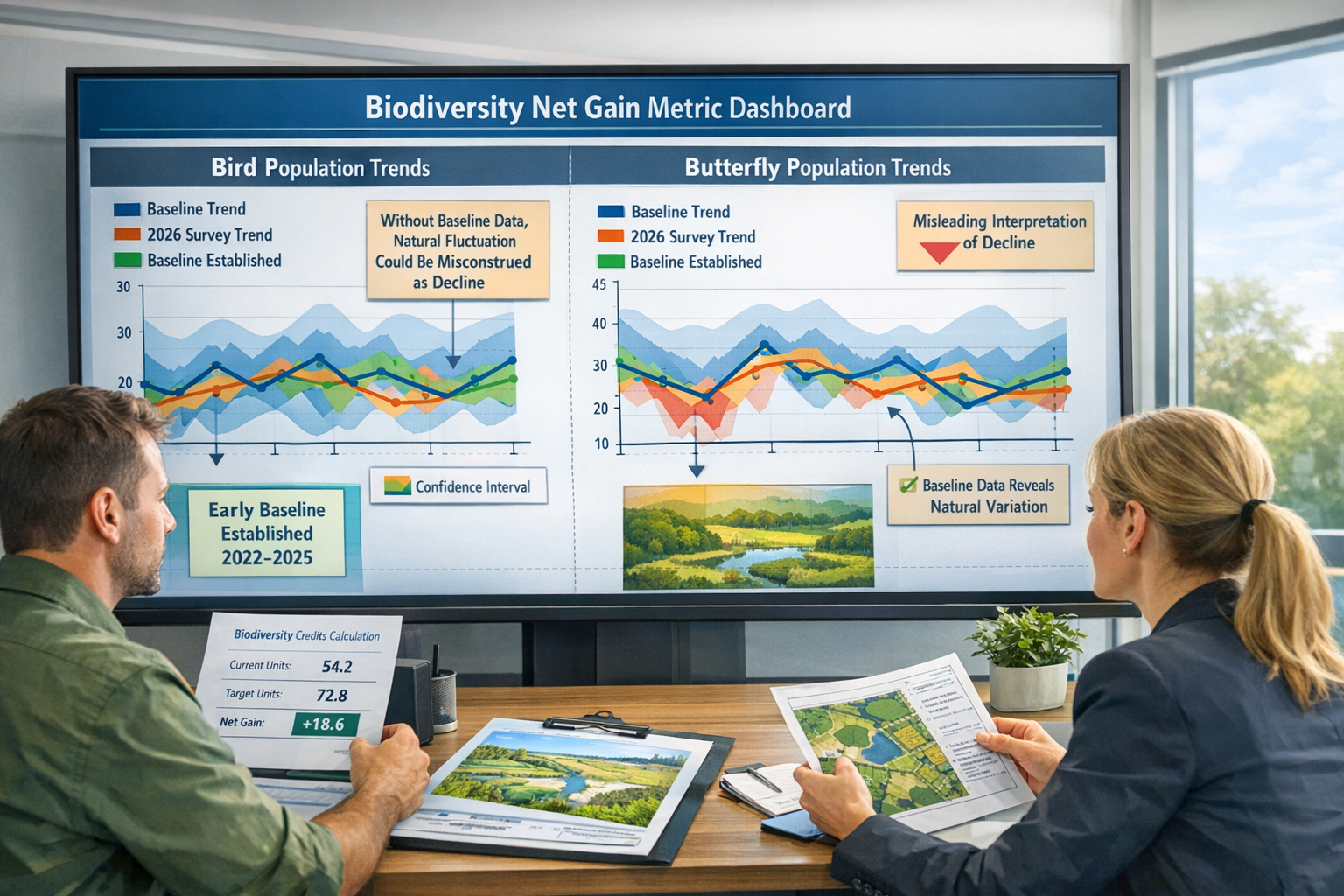 () conceptual illustration showing biodiversity net gain metric dashboard on large digital screen in modern environmental
