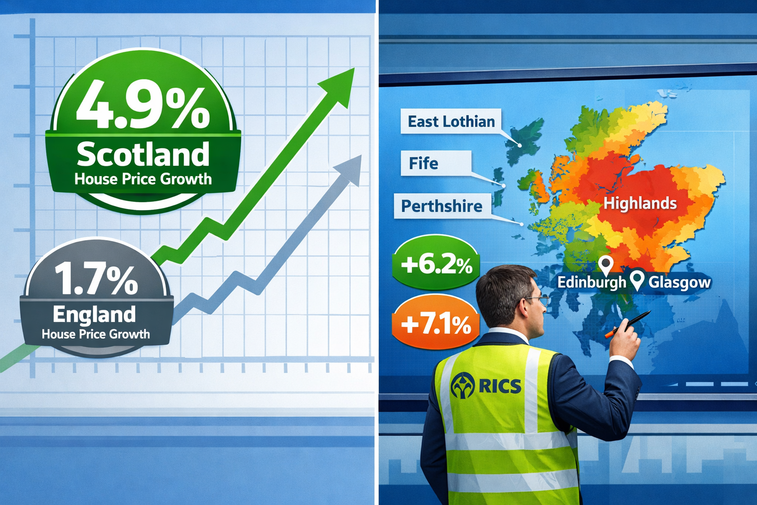 Detailed landscape format (1536x1024) image showing split-screen comparison of Scotland versus UK property market performance. Left side dis